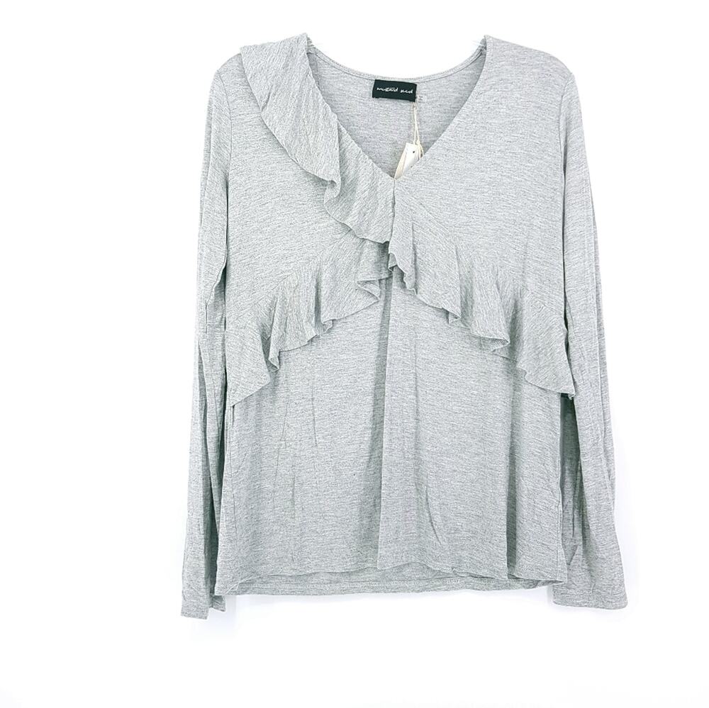 NWT Mustard Seed Ruffle V Neck Long Sleeve Stretchy Grey Top Size Medium